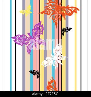 Vector seamless colorful striped summer background with multicolored butterflies Stock Vector