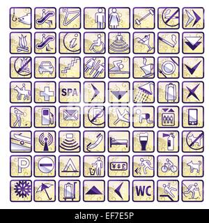 Vector set of 64 stylish glossy hotel icons in beige and violet colors. Stock Vector