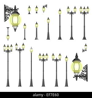 Set of isolated Street lanterns in style with different types of stands and openwork convoluted details Stock Vector