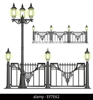 Vector black shod street fence with lanterns with openwork convoluted details Stock Vector