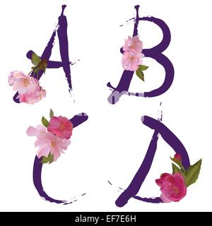 Vector spring alphabet with gentle sakura flowers letters A,B,C,D like written by ink Stock Vector