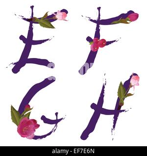 Vector spring alphabet with gentle sakura flowers letters E,F,G,H like written by ink Stock Vector