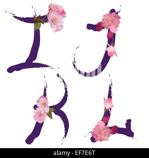 Vector spring alphabet with gentle sakura flowers letters I,J,K,L like written by ink Stock Vector