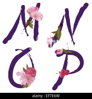 Vector spring alphabet with gentle sakura flowers letters M,N,O,P like written by ink Stock Vector
