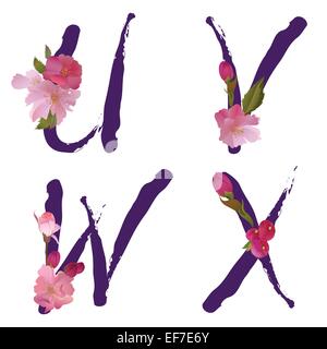 Vector spring alphabet with gentle sakura flowers letters U,V,W,X like written by ink Stock Vector