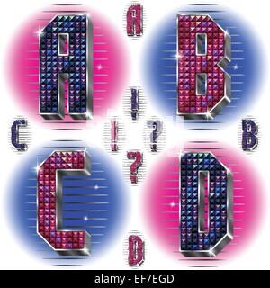 Vector volume metal silver letters A,B,C,D with shiny rhinestones in blue and pink colors Stock Vector