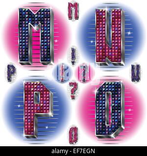 Vector volume metal silver letters M,N,O,P with shiny rhinestones in blue and pink colors Stock Vector