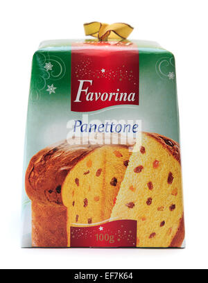 Boxed Panettone Italian Christmas fruit bread cake by Favorina cut out and isolated on a white background Stock Photo