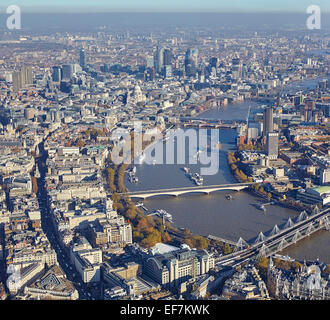 The River Thames from the air, Central London, UK looking East towards the City, Hungerford Bridge foreground Stock Photo
