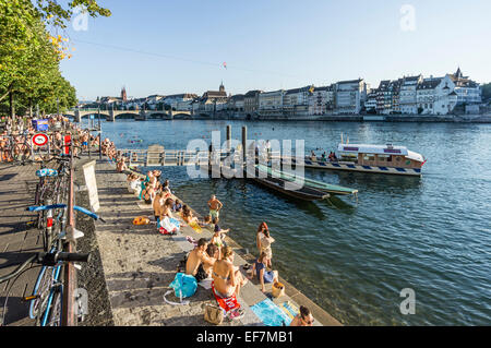 Rhine River in Summer, Middle Bridge, Ferry, Basel, Switzerland Stock Photo