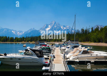 Grand Teton,USA - July 21,2013:Dock boat on Jenny Lake. Scenic boat tours on one of America's most beautiful lakes, situated at Stock Photo