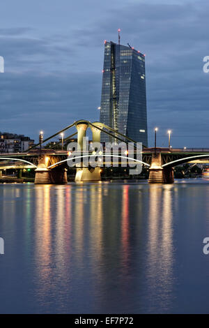 The new European Central Bank building in the east of Frankfurt, Skyline, Floesser Bridge, Twilight, Frankfurt - Main,  Germany, Stock Photo