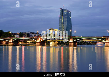 The new European Central Bank building in the east of Frankfurt, Skyline, Floesser Bridge, Twilight, Frankfurt - Main,  Germany, Stock Photo