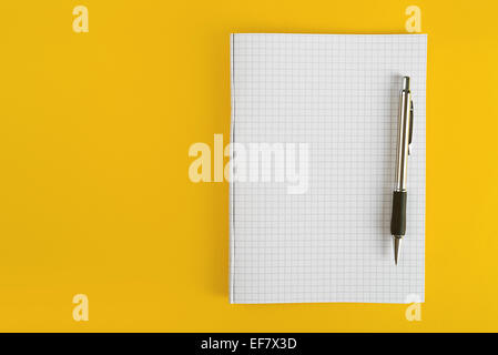 Ballpoint Pen and Blank Paper Notebook with as Business Copy Space on Yellow Background. Stock Photo