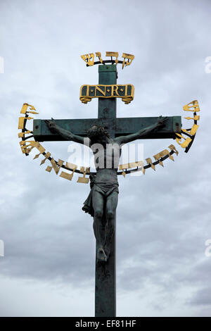 Statuary of the Holy Crucifix and Calvary, Charles Bridge, Prague, Czech Republic Stock Photo
