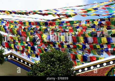 Buddhist prayer flags waving in the wind over the roofs on the upper part of the 1978 AD-Khenchen Thrangu Rinpoche founded T.T.Y Stock Photo