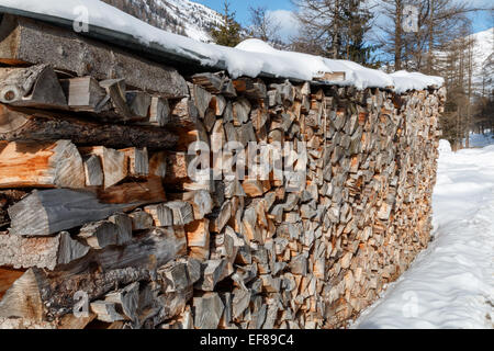 Cut firewood winter fuel log pile in an alpine setting.  Stacked with snow on top. Stock Photo