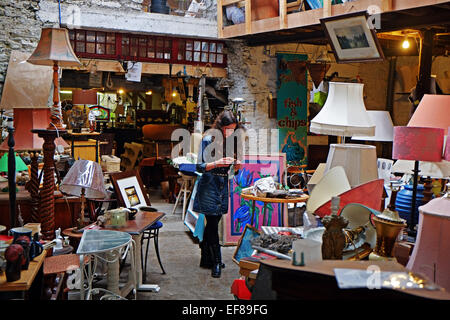 Girl in old curiosity shop, antiques furniture collectables, Ireland Stock Photo