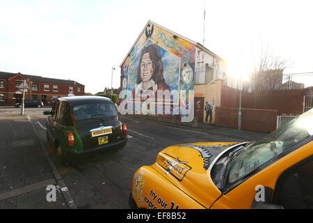 Bobby Sands mural on the gable of the Sinn Féin office, The Republic area of Belfast around The Falls Road Stock Photo