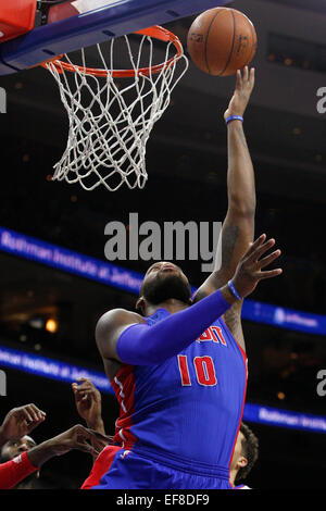 Philadelphia, Pennsylvania, USA. 28th January, 2015. Philadelphia, Pennsylvania, USA. 28th Jan, 2015. Detroit Pistons forward Greg Monroe (10) puts up the shot during the NBA game between the Detroit Pistons and the Philadelphia 76ers at the Wells Fargo Center in Philadelphia, Pennsylvania. © csm/Alamy Live News Credit:  Cal Sport Media/Alamy Live News Stock Photo