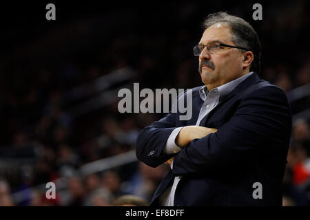 Philadelphia, Pennsylvania, USA. 28th January, 2015. Philadelphia, Pennsylvania, USA. 28th Jan, 2015. Detroit Pistons head coach Stan Van Gundy looks on during the NBA game between the Detroit Pistons and the Philadelphia 76ers at the Wells Fargo Center in Philadelphia, Pennsylvania. © csm/Alamy Live News Credit:  Cal Sport Media/Alamy Live News Stock Photo