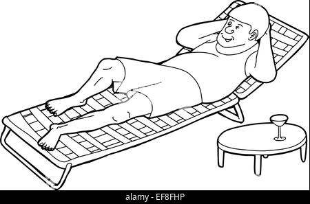 Outline cartoon of winking man laying down on chair Stock Photo