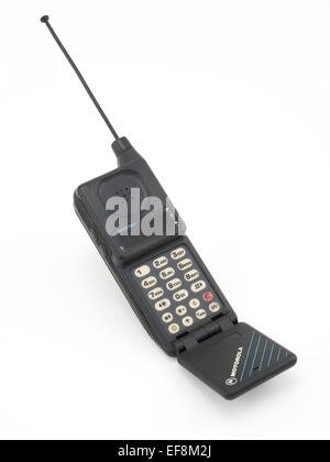 Motorola MicroTAC 9800X pocket cellular telephone. Analog 1989 flip design phone. Stock Photo