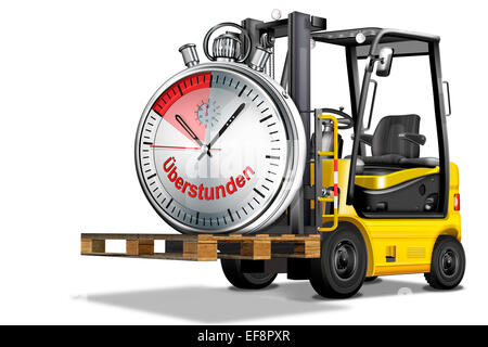 Forklift with stopwatch for working hours, word 'Überstunden', German for overtime, illustration Stock Photo