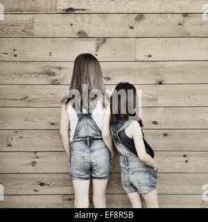 Rear view of two girls wearing dungarees standing side by side against hardwood wall Stock Photo