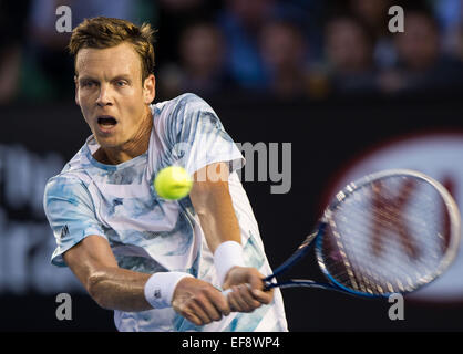 Melbourne, Australia. 29th Jan, 2015. Tomas Berdych of Czech Republic returns the ball during his men's singles semifinal match against Andy Murray of Great Britain at the Australian Open tournment in Melbourne, Australia, Jan. 29, 2015. Credit:  Bai Xue/Xinhua/Alamy Live News Stock Photo