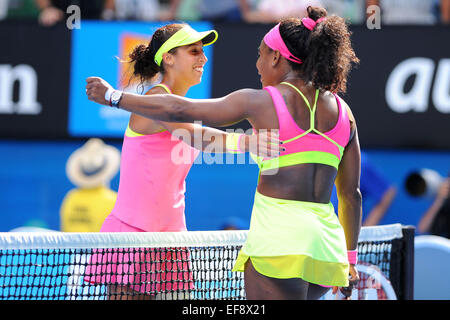 Melbourne, Australia. 29th Jan, 2015. Australian Open Womens Semi Final. Madison Keys (USA) and Serena Williams (USA) exchange congratulations after Serena Williams wins in straight sets. Credit:  Action Plus Sports/Alamy Live News Stock Photo