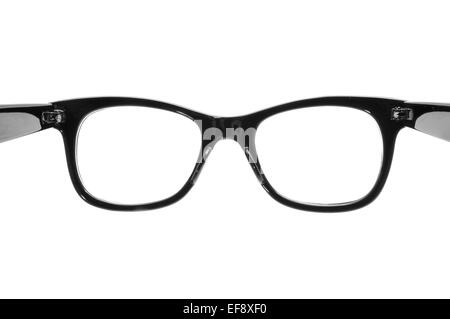 closeup of a black plastic rimmed eyeglasses on a white background, open as in the action to put them on Stock Photo