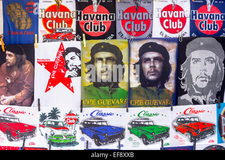 T-shirts with different imprints, Havana Club, Ernesto Che Guevara, vintage car, Havana, Cuba Stock Photo