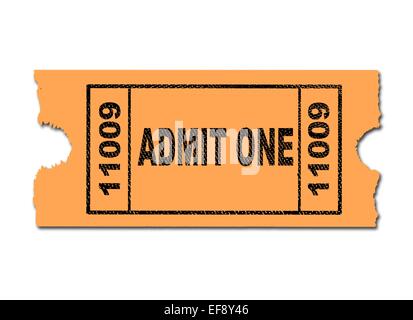 A yellow ticket to admit one on a white background Stock Photo