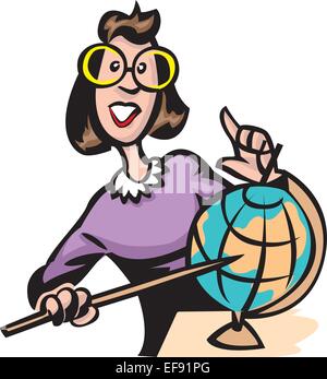 A teacher pointing at a globe Stock Vector