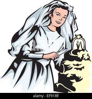 A bride cutting her cake Stock Vector