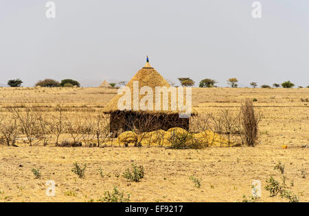 Round Oromo hut with thatched roof in a mountainous landscape of the ...