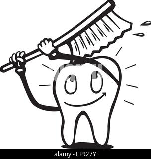 A tooth with a smiley face brushing with a toothbrush Stock Vector