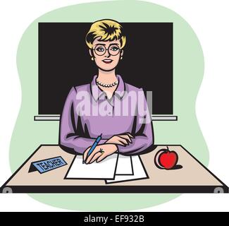 A teacher sitting at her desk Stock Vector