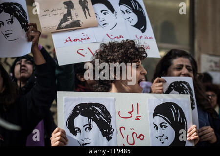 Cairo, Egypt. 29th Jan, 2015. Female protesters hold banners and shout slogans during a demonstration memorizing the female protester, Shaimaa al-Sabbagh, who was shot dead during a protest on the eve of the fourth anniversary of January 25 uprising, at Talaat Harb Square, the same place of her death, downtown Cairo, Egypt, on Jan. 29, 2015. © Pan Chaoyue/Xinhua/Alamy Live News Stock Photo