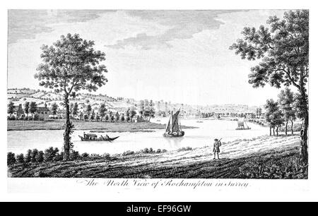 Copper engraving 1776 Landscape Beauties England Most Elegant magnificent  public Edifices. Rochampton Surrey river Stock Photo