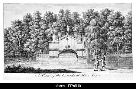 Copper engraving 1776 Landscape Beauties England Most Elegant magnificent  public Edifices.Cascade Ham Farm Stock Photo