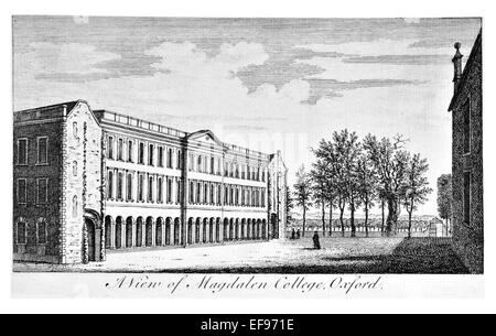 Copper engraving 1776 Landscape Beauties England Most Elegant magnificent  public Edifices. Magdalen College Oxford Stock Photo