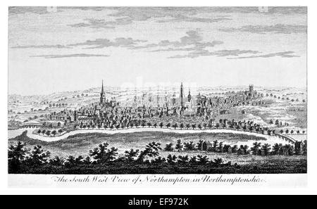 Copper engraving 1776 Landscape Beauties England Most Elegant magnificent  public Edifices. South west Northampton river Nene Stock Photo