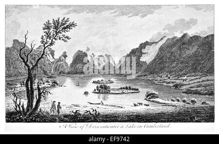 Copper engraving 1776 Landscape Beauties England Most Elegant magnificent  public Edifices Derwentwater lake Cumberland Stock Photo