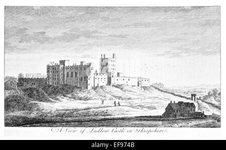 Copper engraving 1776 Landscape Beauties England Most Elegant magnificent  public Edifices Ludlow Castle Shropshire. Stock Photo