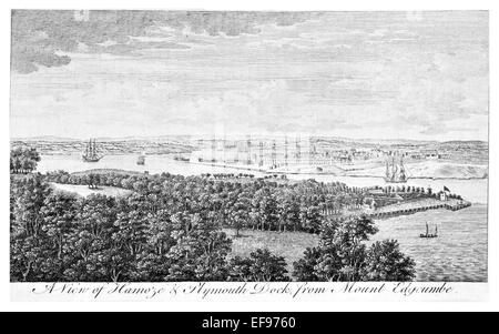 Copper engraving 1776 Landscape Beauties England Most Elegant magnificent  public Edifices Hamoze Plymouth dock.from Edgcumbe Stock Photo