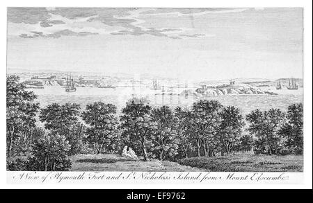 Copper engraving 1776 Landscape Beauties England Most Elegant magnificent  public Edifices Plymouth Fort Saint Nicholas Island. Stock Photo