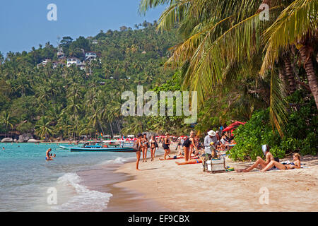 Western tourists sunbathing on beach of Ko Tao / Koh Tao, island and part of the Chumphon Archipelago in Southern Thailand Stock Photo