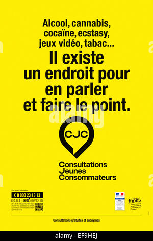 'CJC Consultations Jeunes Consommateurs' poster promoting anonymous free counseling and drug information service aimed at 12-25 year olds. See description for more information Stock Photo